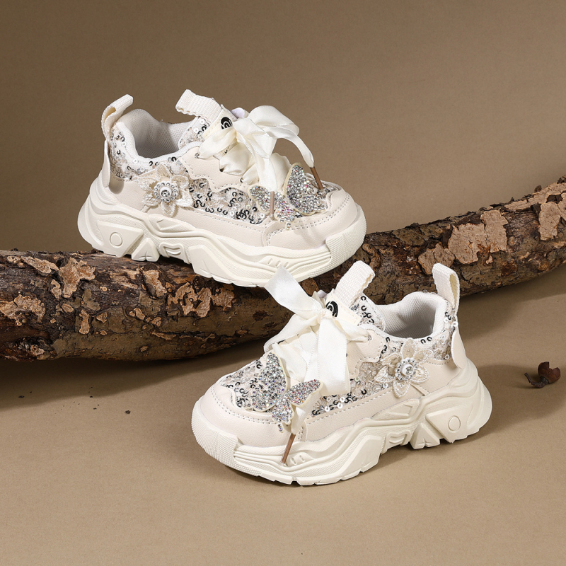 Adidași sport pentru fete, primăvară-toamnă, din piele artificială, talpă ușoară anti-derapantă, închidere Velcro, paiete cu imprimeu fluture, pentru copii 1–6 ani