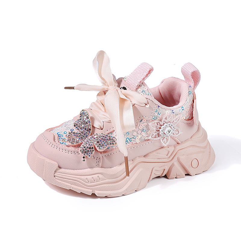 Adidași sport pentru fete, primăvară-toamnă, din piele artificială, talpă ușoară anti-derapantă, închidere Velcro, paiete cu imprimeu fluture, pentru copii 1–6 ani