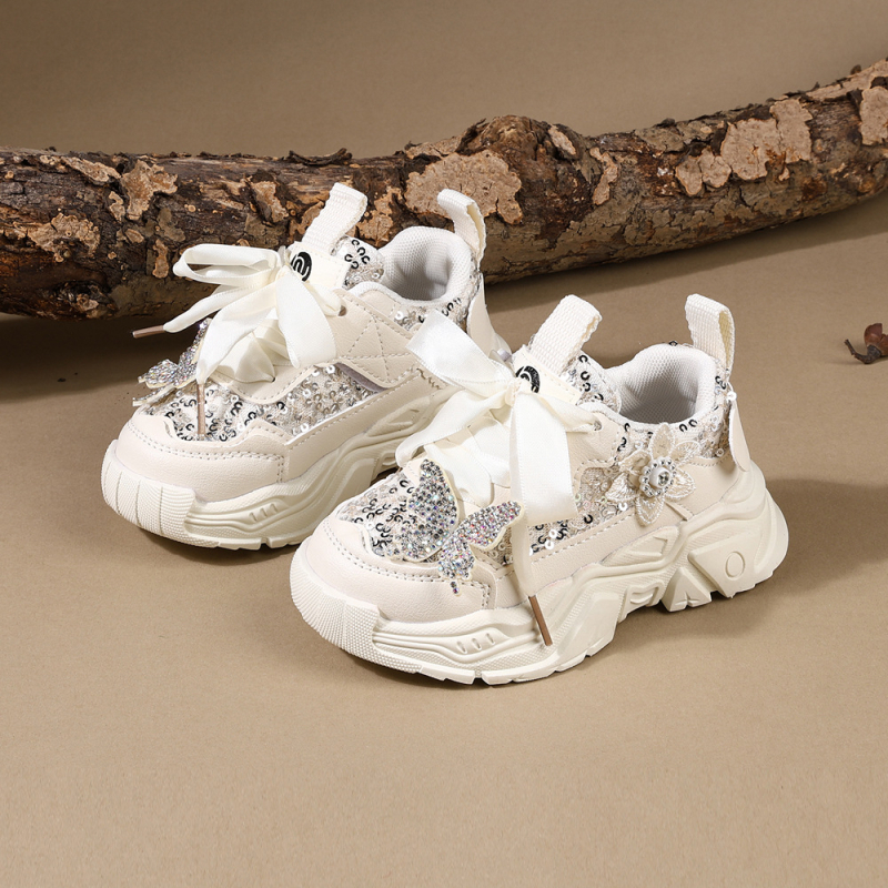 Adidași sport pentru fete, primăvară-toamnă, din piele artificială, talpă ușoară anti-derapantă, închidere Velcro, paiete cu imprimeu fluture, pentru copii 1–6 ani