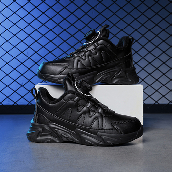 Παιδικά αδιάβροχα δερμάτινα sneakers με επένδυση φλίς, περιστρεφόμενη αγκράφα, EVA σόλα, ριγωτό άνω μέρος