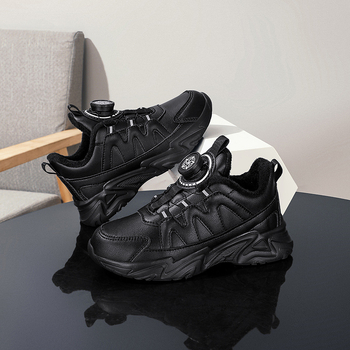 Παιδικά αδιάβροχα δερμάτινα sneakers με επένδυση φλίς, περιστρεφόμενη αγκράφα, EVA σόλα, ριγωτό άνω μέρος