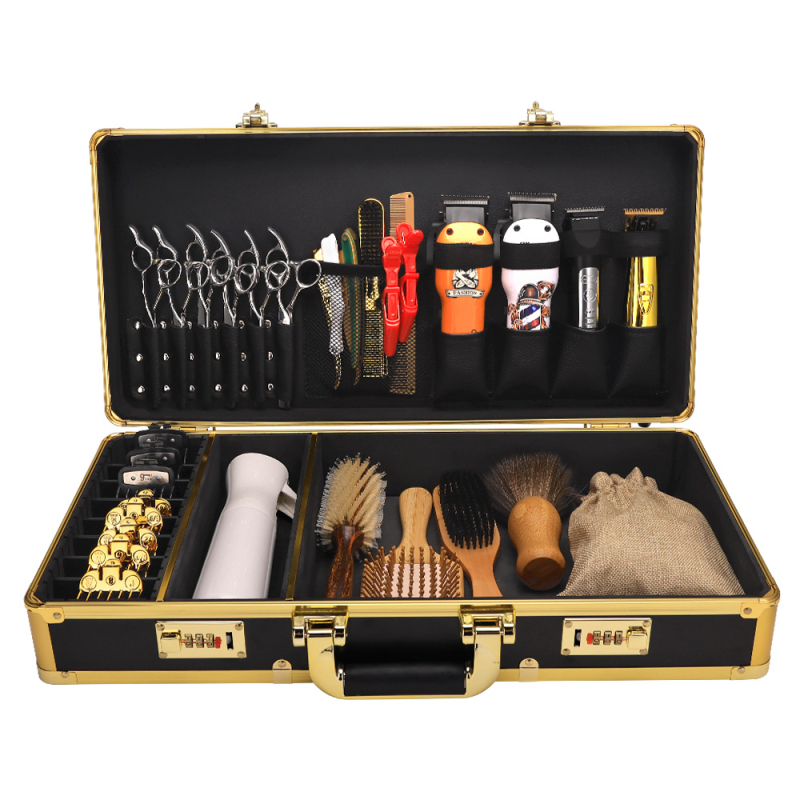 Gold tool box – Cutie din aliaj de aluminiu pentru unelte de coafare, cu lacăt cu combinație, set profesional de unelte pentru frizerie