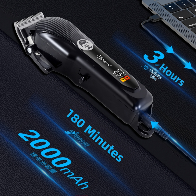 Frizieru matu griezējs – uzlādešanas, iebūvēta 500–800 mAh baterija, četkve motors, nerūsējošā tērauda asmeņi, noņemama un mazgājama griešanas galviņa