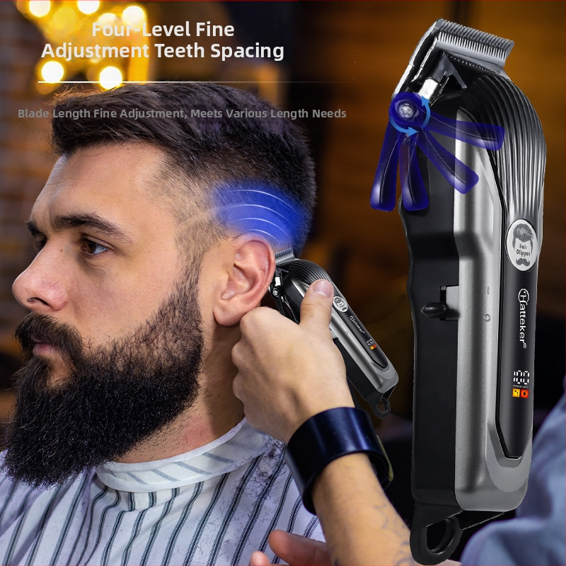 Frizieru matu griezējs – uzlādešanas, iebūvēta 500–800 mAh baterija, četkve motors, nerūsējošā tērauda asmeņi, noņemama un mazgājama griešanas galviņa