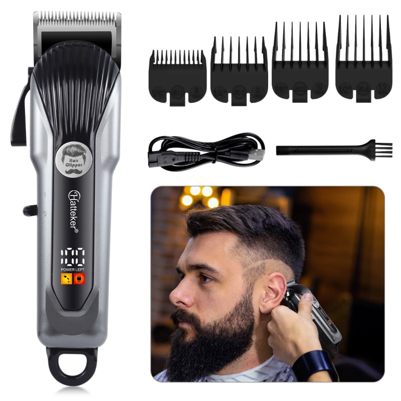 Frizieru matu griezējs – uzlādešanas, iebūvēta 500–800 mAh baterija, četkve motors, nerūsējošā tērauda asmeņi, noņemama un mazgājama griešanas galviņa