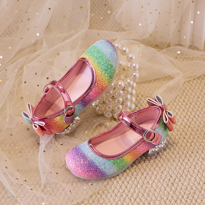 Vaikų odiniai bateliai su blizgučiais, Korėjos princesės stilius, šokių bateliai su Velcro užsegimu, žemas kulkšnies lygis, pavasaris-ruduo