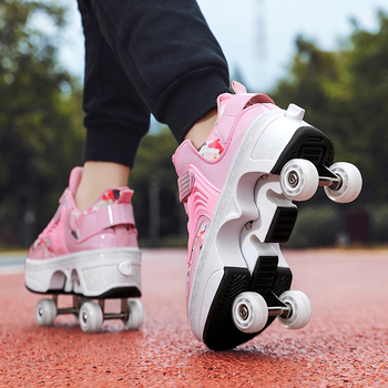 Pantofi cu patru rotile pentru copii, partea superioară din piele, impermeabili, închidere Velcro, talpă din cauciuc