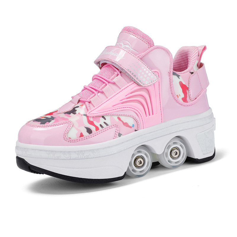 Pantofi cu patru rotile pentru copii, partea superioară din piele, impermeabili, închidere Velcro, talpă din cauciuc