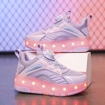 Παιδικά παπούτσια τεσσάρων τροχών για ρόλλερ – με πλέγμα στην επάνω επιφάνεια και σόλα από καουτσούκ – διαπνοή, ανθεκτικά στη φθορά, απορρόφηση κραδασμών; κλείσιμο με περιστρεφόμενο κουμπί; για ηλικίες 7–16 ετών; για όλες τις εποχές