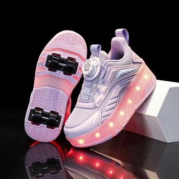 Παιδικά παπούτσια τεσσάρων τροχών για ρόλλερ – με πλέγμα στην επάνω επιφάνεια και σόλα από καουτσούκ – διαπνοή, ανθεκτικά στη φθορά, απορρόφηση κραδασμών; κλείσιμο με περιστρεφόμενο κουμπί; για ηλικίες 7–16 ετών; για όλες τις εποχές