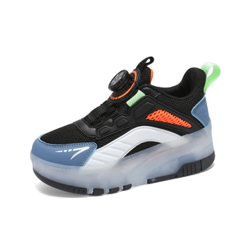 Παιδικά παπούτσια τεσσάρων τροχών για ρόλλερ – με πλέγμα στην επάνω επιφάνεια και σόλα από καουτσούκ – διαπνοή, ανθεκτικά στη φθορά, απορρόφηση κραδασμών; κλείσιμο με περιστρεφόμενο κουμπί; για ηλικίες 7–16 ετών; για όλες τις εποχές