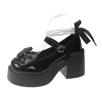 Moterų JK odiniai bateliai su platforma, japonų stiliaus — viršus PU, apvalus nosis, platforma 3-5 cm, vidutinio aukščio viršus, sagties užsegimas