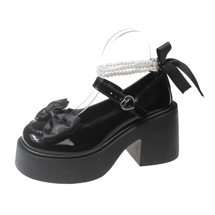 Moterų JK odiniai bateliai su platforma, japonų stiliaus — viršus PU, apvalus nosis, platforma 3-5 cm, vidutinio aukščio viršus, sagties užsegimas