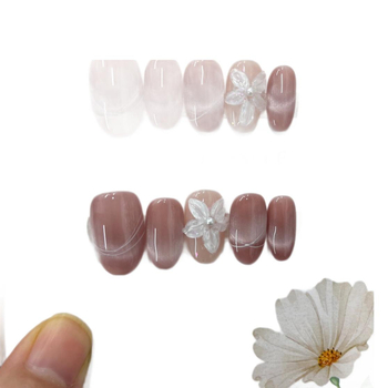 Daewoo rankų darbo lipdomi nagai, ovali forma, katės akies stilius su prancūzišku manikiūru, 3D gėlių dizainas, moterims