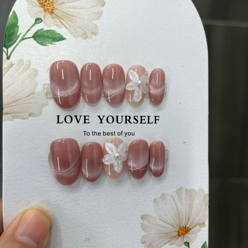 Daewoo rankų darbo lipdomi nagai, ovali forma, katės akies stilius su prancūzišku manikiūru, 3D gėlių dizainas, moterims