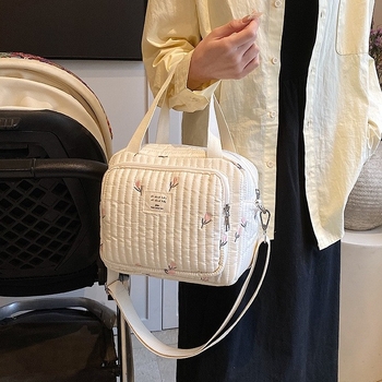 Τσάντα ώμου για μαμά με μεγάλη χωρητικότητα, κέντημα με αρκούδα και λουλούδια, ύφασμα πολυεστέρα και επένδυση πολυεστερής