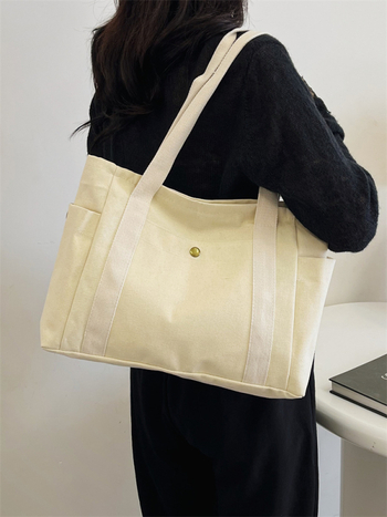 Geantă de umăr din pânză, stil Tote, formă orizontală pătrată, fermoar, buzunar pentru telefon