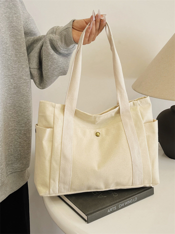 Τσάντα ώμου από καμβά σε στυλ Tote, οριζόντιου τετράγωνου σχήματος, με φερμουάρ, θήκη για κινητό