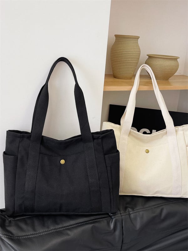 Geantă de umăr din pânză, stil Tote, formă orizontală pătrată, fermoar, buzunar pentru telefon