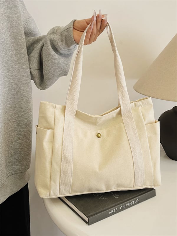 Geantă de umăr din pânză, stil Tote, formă orizontală pătrată, fermoar, buzunar pentru telefon