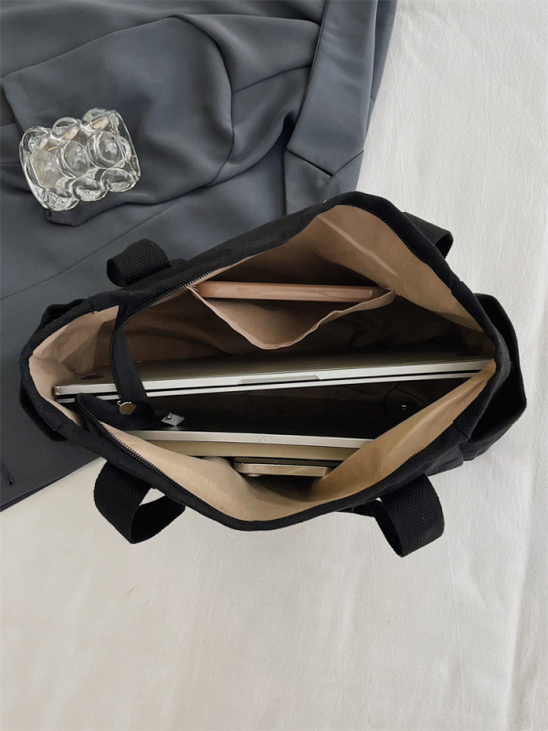 Geantă de umăr din pânză, stil Tote, formă orizontală pătrată, fermoar, buzunar pentru telefon