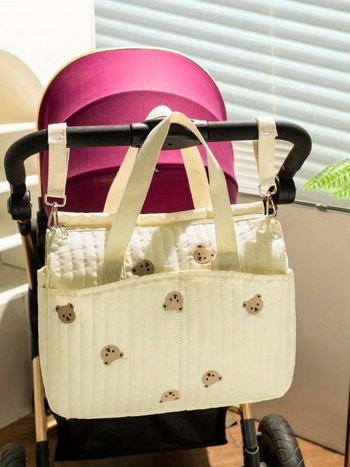 Τσάντα μαμά-μωρού με καμπύλη ιμάντα ώμου, εξωτερικό και επένδυση πολυεστέρα, μοτίβο τουλιπ-αρκούδα, στυλ αναψυχής ταξιδιού