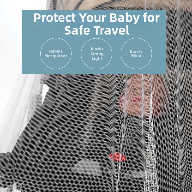 Мрежа против комари за детска количка, пълно покритие, универсална, дишаща мрежа; една врата, пластмасова рамка; за деца 0–6 години; налична персонализация; защита от насекоми, вятър и падане.