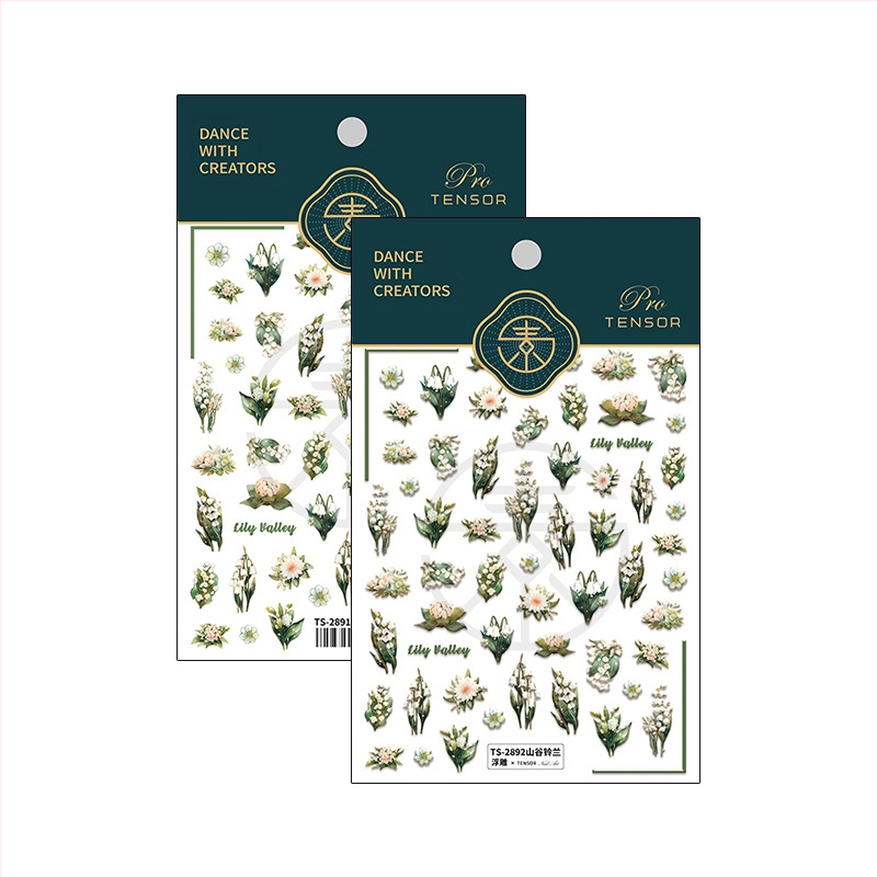 3D nagų lipdukai su lipniu galiniu paviršiumi - PET medžiaga, animacinis raštas, TS-2891 Valley Lily of the Valley