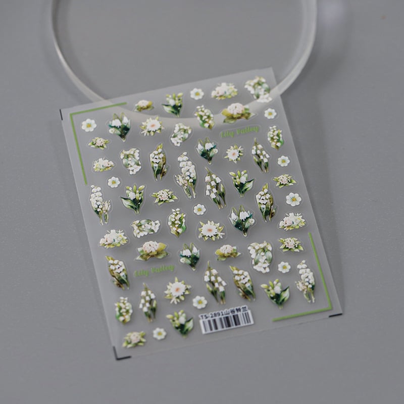 3D nagų lipdukai su lipniu galiniu paviršiumi - PET medžiaga, animacinis raštas, TS-2891 Valley Lily of the Valley