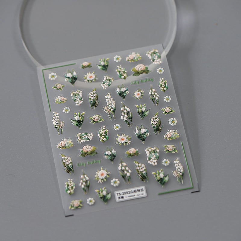 3D nagų lipdukai su lipniu galiniu paviršiumi - PET medžiaga, animacinis raštas, TS-2891 Valley Lily of the Valley