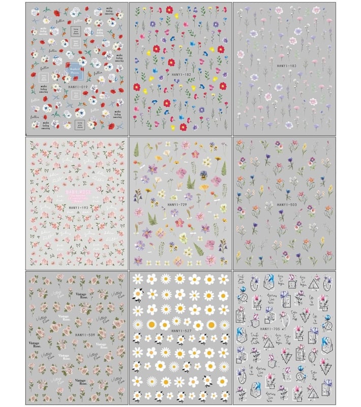 Nagų dailės lipdukai – gėlių raštas, paprastas stilius, 6 vnt, Gėlių serija