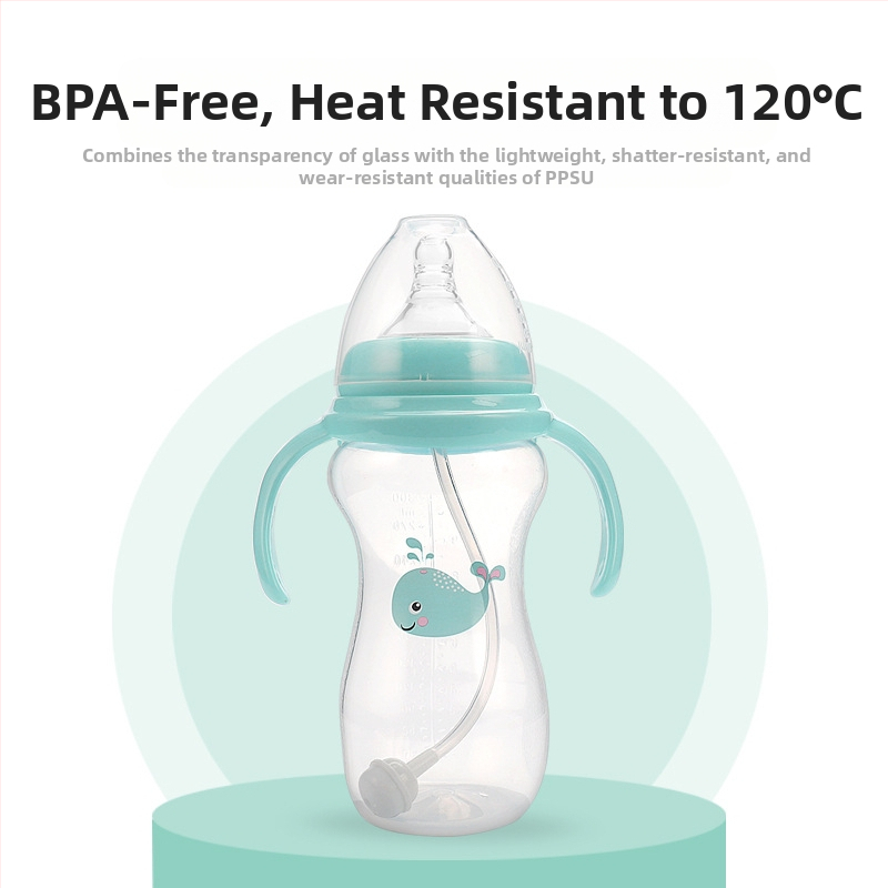 Meiyingtang Бебешка бутилка за новородено с дръжка, PP, широка шийка, аркова форма, отпечатано лого