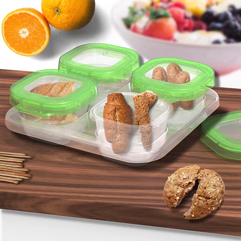 Plastikinė dėžutė bebių užkandžiams su skyriais, sandari šviežumui, nešiojama, tinkama šaldymui