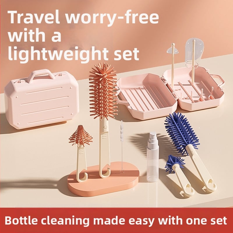 Butelių ir spenelių valymo šepetys, 3-in-1 nuimama sistema, 360° silikono ilga rankena, kūdikiams