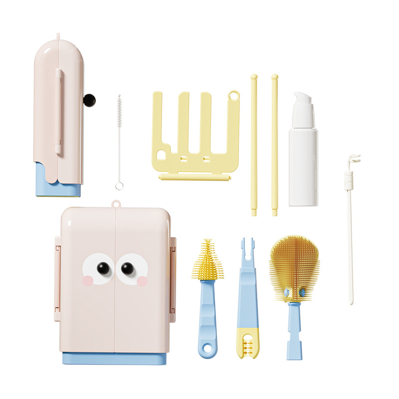 Vaikų nešiojamas dvipusis sulankstomas butelių šepetėlių rinkinys – daugiafunkcinės šepetėlių valymui puodeliams, silikoninis puodelio šepetėlis ir saugojimo dėžutė