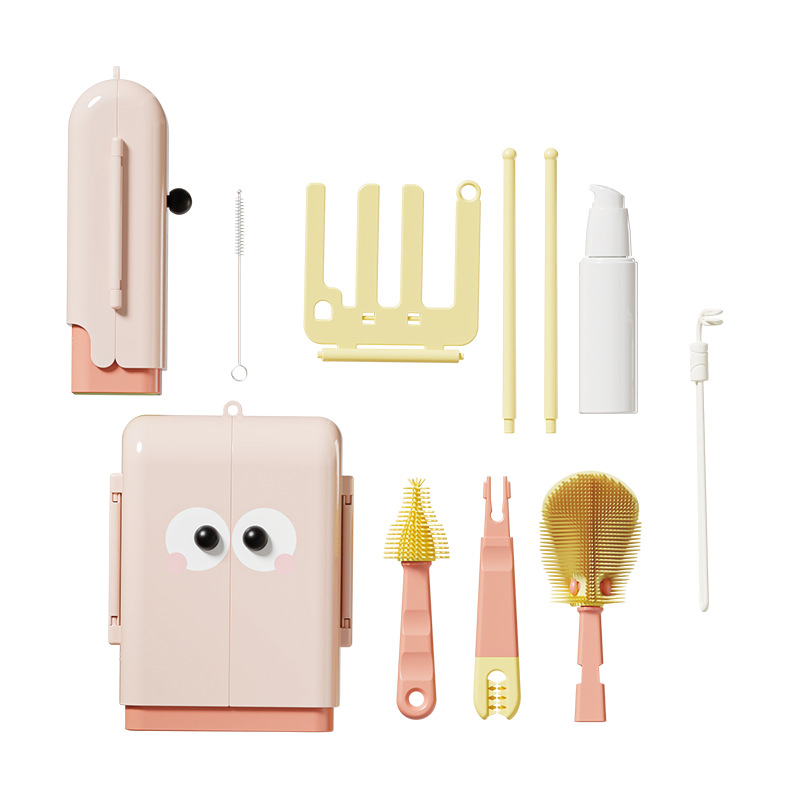 Vaikų nešiojamas dvipusis sulankstomas butelių šepetėlių rinkinys – daugiafunkcinės šepetėlių valymui puodeliams, silikoninis puodelio šepetėlis ir saugojimo dėžutė