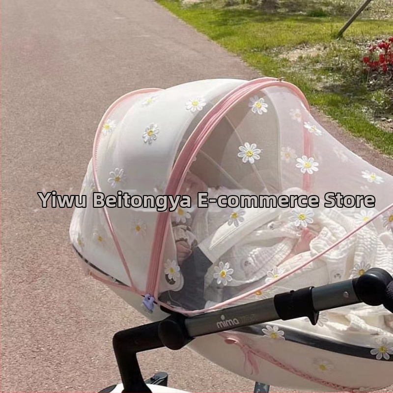 Москитна мрежа за бебешка количка, пролет-лято, полиестер, стоманена рамка, без монтаж, шев с маргаритка