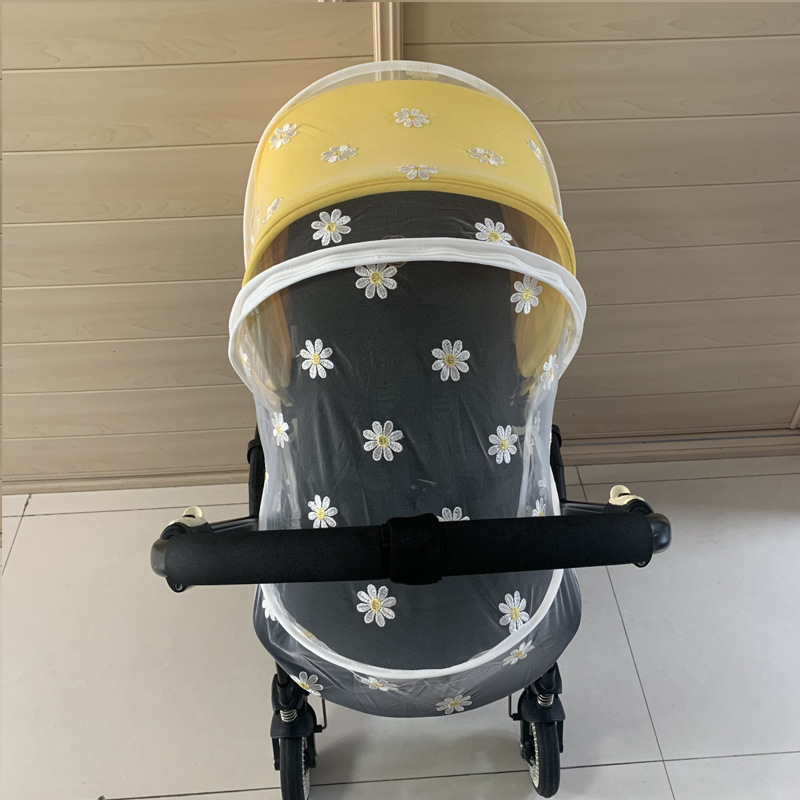 Plasă de țânțari pentru cărucior de copii, cu acoperire completă, brodată cu margaretă, umbrelă de soare, plasă respirabilă