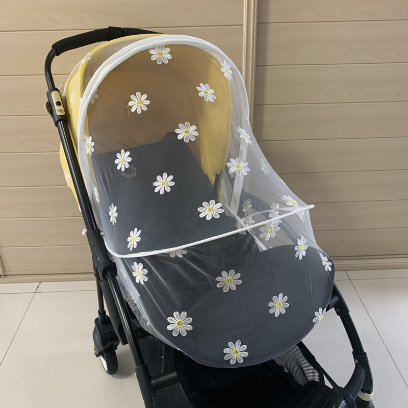Plasă de țânțari pentru cărucior de copii, cu acoperire completă, brodată cu margaretă, umbrelă de soare, plasă respirabilă