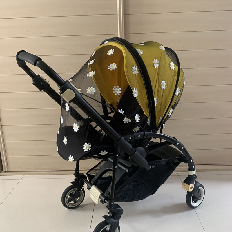 Plasă de țânțari pentru cărucior de copii, cu acoperire completă, brodată cu margaretă, umbrelă de soare, plasă respirabilă