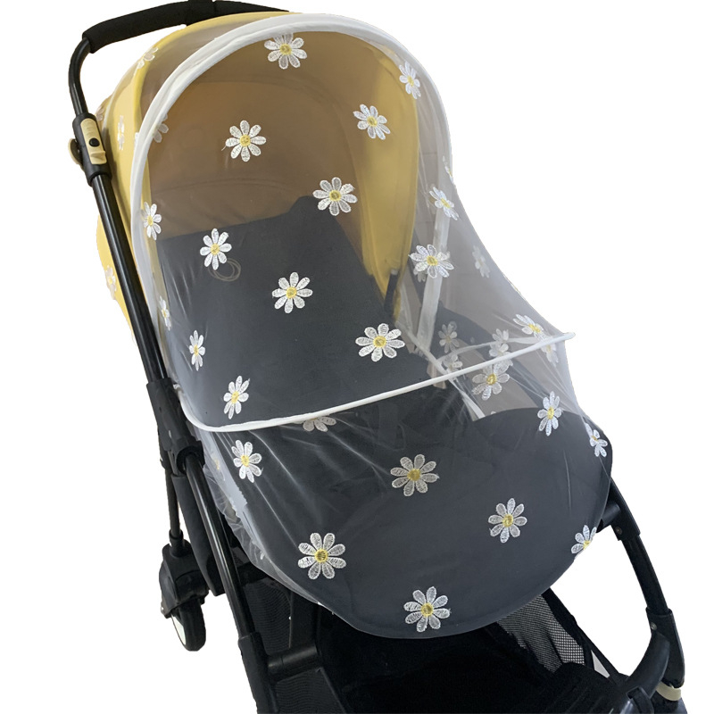 Plasă de țânțari pentru cărucior de copii, cu acoperire completă, brodată cu margaretă, umbrelă de soare, plasă respirabilă