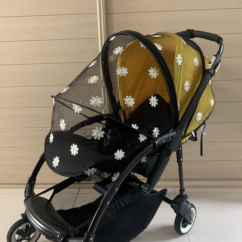 Plasă de țânțari pentru cărucior de copii, cu acoperire completă, brodată cu margaretă, umbrelă de soare, plasă respirabilă