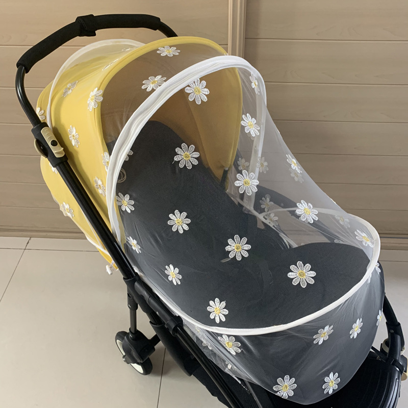 Plasă de țânțari pentru cărucior de copii, cu acoperire completă, brodată cu margaretă, umbrelă de soare, plasă respirabilă