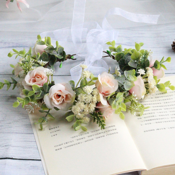 Korėjietiško stiliaus plaukų lankelis su rožėmis, gipsofilu ir eukaliptu, nuotakos fotosesijai