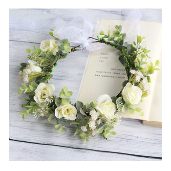 Korėjietiško stiliaus plaukų lankelis su rožėmis, gipsofilu ir eukaliptu, nuotakos fotosesijai