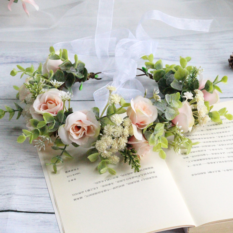 Korėjietiško stiliaus plaukų lankelis su rožėmis, gipsofilu ir eukaliptu, nuotakos fotosesijai