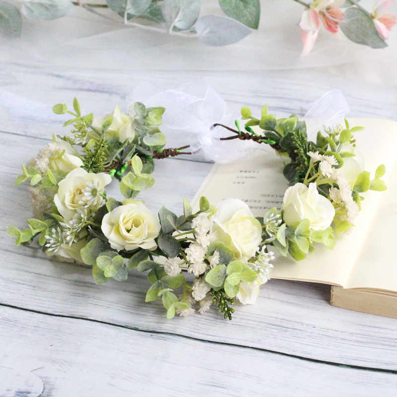 Korėjietiško stiliaus plaukų lankelis su rožėmis, gipsofilu ir eukaliptu, nuotakos fotosesijai