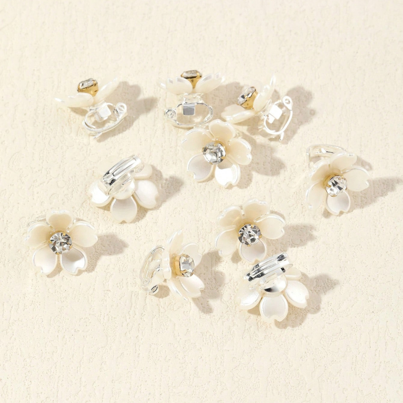 Iš plaukų segtukų rinkinys – 10 vnt., plastikas/resinas, elektroplatinimas, gėlė su deimantų akcentais, galvos aksesuaras moterims