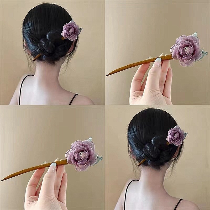 Medinis plaukų segtukas su gėlių įdėklu, retro stiliaus galvos aksesuaras, vasara 2024 (Medžiaga: Mediena; Stilius: Vintage; Dekoracija: Gėlė; Produkto kategorija: Galvos aksesuarai; Metai/Sezona: Vasaros 2024)