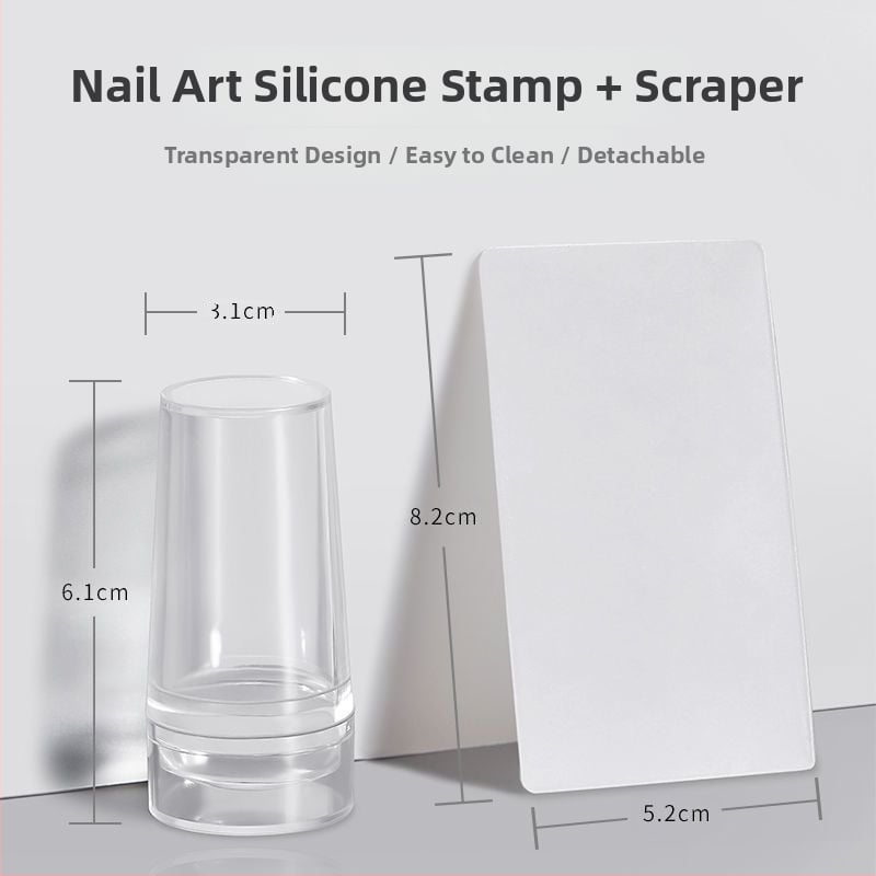 Nagų spaudimo įrankis su dvigubos galvos spaudu, silikoniniu gaubteliu, skaidria galva ir plieno plokštelės šablonu prancūziškam manikiūrui